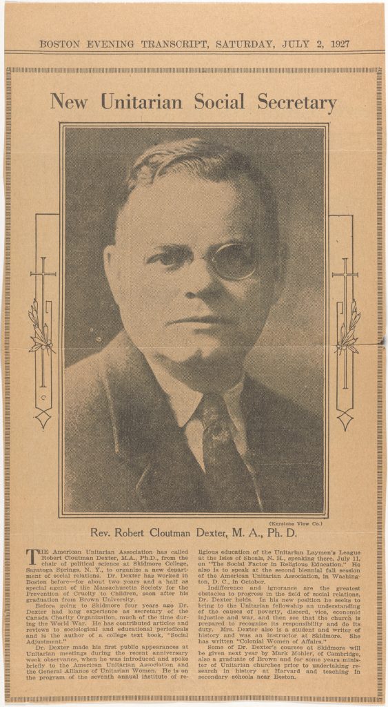 newspaper clipping titled "New Unitarian Social Secretary" with large portrait of Robert Cloutman Dexter