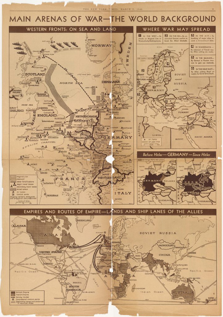 newspaper clipping titled "Main Arenas of War" showing WWII campaign diagrams in Europe, Africa, Middle East and worldwide