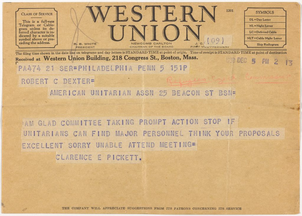 western union telegram from Clarence Pickett to Robert Dexter approving emergency meeting of Czechoslovakian Committee