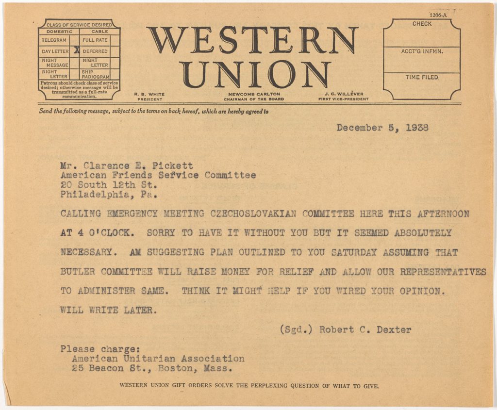 western union telegram from Robert Dexter to Clarence Pickett about emergency meeting of Czechoslovakian Committee