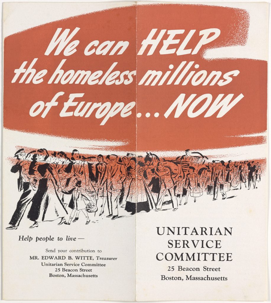 advertisement for donations with text "We can HELP the homeless millions of Europe...NOW" with donation information for Unitarian Church of Boston