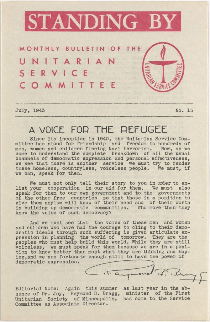 Monthly bulletin of the Unitarian service Committee titled "A Voice for the Refugee"