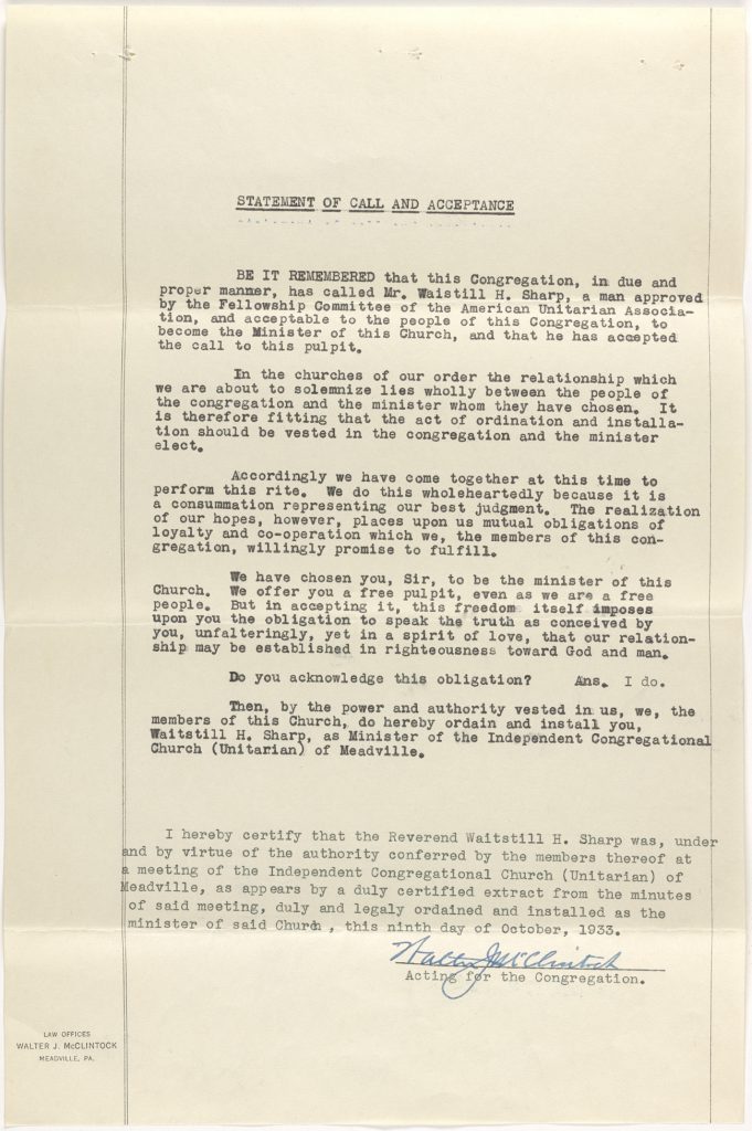 Statement of Call and Acceptance for Waitstill Hastings Sharp