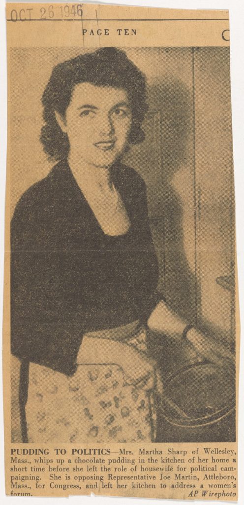 newspaper clipping featuring photo of Martha Sharp during political campaign