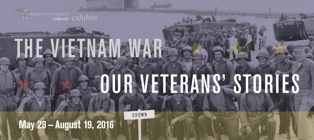 Exterior Panel from the exhibit, showing a photo of soldiers in front of transport vessels with a "Brown" sign in front of them.