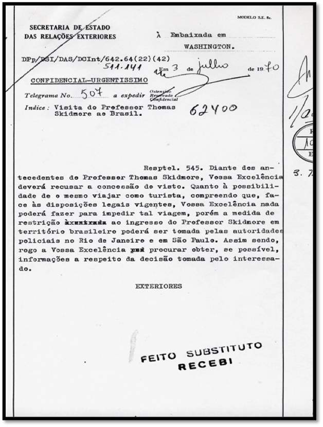 Brazilian Embassy?s correspondence with government in Brasília about denying Skidmore?s visa