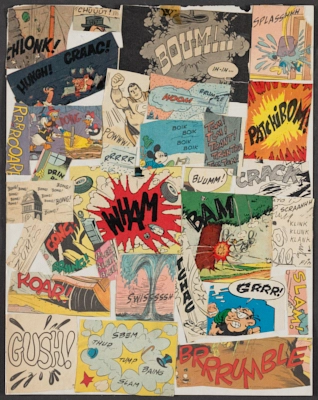 Collage sobre cartulina compuesto por recortes de cómic con onomatopeyas para la película *ORG*