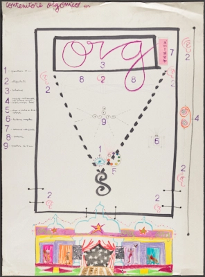 Contenitore Orgonico. Hoja de fotos de escenarios para ORG con dibujos de color a mano.