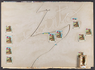 Il Deserto [la ieua ulula, l'auziano della foresta risponde]. Polittico (viatico) pittura centrale e due ante laterali, retablo [The Desert (the she-wolf howls, the forest elder responds). Polyptych (viaticum), central painting and two side panels, alterpiece. Central painting and two side panels].