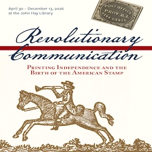 Man on horseback blowing a bugle and stamp in the upper right-hand corner