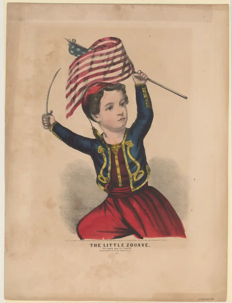 child in zouave costume waving flag and small sword