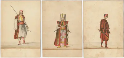 Turkish cavalryman in decorative russet jacket and pantaloons, wearing scimitar with back to viewer