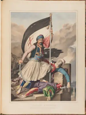 A man in multicolored costume carrying a scimitar holds a flag triumphantly over a pile of dead soldiers in equally colorful costume. The flag is three horizontal stripes, black, white, and red, with a red cross in the center. The man's costume consists of a deep blue shirt and vest, with intricate gold trim. he has a well-groomed mustache, and is wearing a blue patterned head scarf. he's also carrying two flintlock pistols in a holster held within a sash around his midsection.