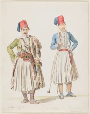 Two men stand in long skirts and red caps with blue tassels. one has two flintlock pistols secured by a sash around his waist, carries a sword, and wears a green jacket. the other has no weapons, wears a blue jacket, and smokes a very long pipe, close to two thirds his height.