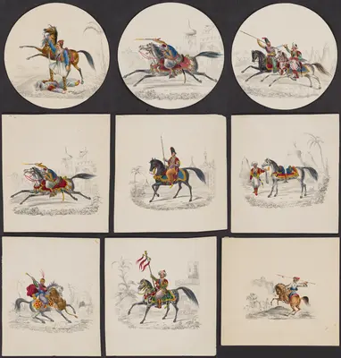 9 drawings of warriors and their horses. in each, a colorful figure or scene is illustrated on a colorless background outline. from top left:
a man in greek blue costume stands with his foot on the chest of a fallen soldier whose broken sword lies nearby; his horse rears on its hind legs behind him. a man in greek costume fires a flintlock pistol while riding a horse at full gallop. two men astride horses fight with a spear and scimitar respectively. in an illustration almost identical to the above, a man fires a flintlock pistol while riding a horse at full gallop. a man wearing a tall black hat and carrying a spear sits astride a trotting horse. A man in a headscarf wearing pantaloons and a sheathed scimitar stands beside his horse holding the reins. a man wearing a bright red plumed cap and flowing red cape fights a lion with a spear; the lion has jumped onto the front of the horse, who is biting the lion, and wearing a red-spotted yellow cloth on its back. a man wearing a headscarf and ornate patterned clothes astride a horse holds a long pole with gold ornaments and red tassels hanging from a crossbar at the top. a man wearing a headscarf sits astride a rearing horse and draws back a spear as two outlined but uncolored soldiers flee in the background.
