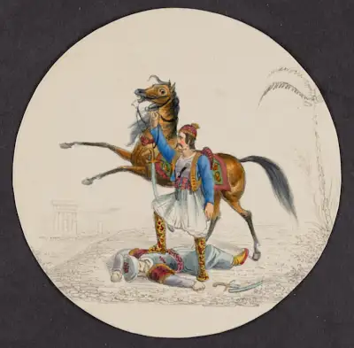9 drawings of warriors and their horses. in each, a colorful figure or scene is illustrated on a colorless background outline. from top left:
a man in greek blue costume stands with his foot on the chest of a fallen soldier whose broken sword lies nearby; his horse rears on its hind legs behind him. a man in greek costume fires a flintlock pistol while riding a horse at full gallop. two men astride horses fight with a spear and scimitar respectively. in an illustration almost identical to the above, a man fires a flintlock pistol while riding a horse at full gallop. a man wearing a tall black hat and carrying a spear sits astride a trotting horse. A man in a headscarf wearing pantaloons and a sheathed scimitar stands beside his horse holding the reins. a man wearing a bright red plumed cap and flowing red cape fights a lion with a spear; the lion has jumped onto the front of the horse, who is biting the lion, and wearing a red-spotted yellow cloth on its back. a man wearing a headscarf and ornate patterned clothes astride a horse holds a long pole with gold ornaments and red tassels hanging from a crossbar at the top. a man wearing a headscarf sits astride a rearing horse and draws back a spear as two outlined but uncolored soldiers flee in the background.
