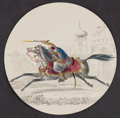 9 drawings of warriors and their horses. in each, a colorful figure or scene is illustrated on a colorless background outline. from top left:
a man in greek blue costume stands with his foot on the chest of a fallen soldier whose broken sword lies nearby; his horse rears on its hind legs behind him. a man in greek costume fires a flintlock pistol while riding a horse at full gallop. two men astride horses fight with a spear and scimitar respectively. in an illustration almost identical to the above, a man fires a flintlock pistol while riding a horse at full gallop. a man wearing a tall black hat and carrying a spear sits astride a trotting horse. A man in a headscarf wearing pantaloons and a sheathed scimitar stands beside his horse holding the reins. a man wearing a bright red plumed cap and flowing red cape fights a lion with a spear; the lion has jumped onto the front of the horse, who is biting the lion, and wearing a red-spotted yellow cloth on its back. a man wearing a headscarf and ornate patterned clothes astride a horse holds a long pole with gold ornaments and red tassels hanging from a crossbar at the top. a man wearing a headscarf sits astride a rearing horse and draws back a spear as two outlined but uncolored soldiers flee in the background.
