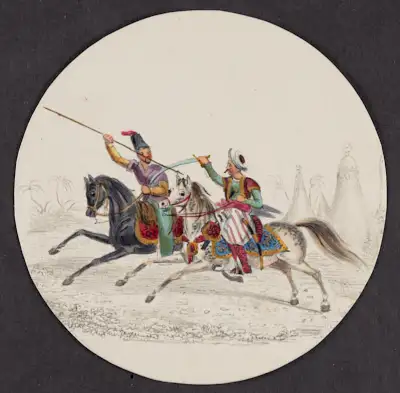 9 drawings of warriors and their horses. in each, a colorful figure or scene is illustrated on a colorless background outline. from top left:
a man in greek blue costume stands with his foot on the chest of a fallen soldier whose broken sword lies nearby; his horse rears on its hind legs behind him. a man in greek costume fires a flintlock pistol while riding a horse at full gallop. two men astride horses fight with a spear and scimitar respectively. in an illustration almost identical to the above, a man fires a flintlock pistol while riding a horse at full gallop. a man wearing a tall black hat and carrying a spear sits astride a trotting horse. A man in a headscarf wearing pantaloons and a sheathed scimitar stands beside his horse holding the reins. a man wearing a bright red plumed cap and flowing red cape fights a lion with a spear; the lion has jumped onto the front of the horse, who is biting the lion, and wearing a red-spotted yellow cloth on its back. a man wearing a headscarf and ornate patterned clothes astride a horse holds a long pole with gold ornaments and red tassels hanging from a crossbar at the top. a man wearing a headscarf sits astride a rearing horse and draws back a spear as two outlined but uncolored soldiers flee in the background.
