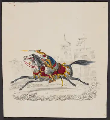 9 drawings of warriors and their horses. in each, a colorful figure or scene is illustrated on a colorless background outline. from top left:
a man in greek blue costume stands with his foot on the chest of a fallen soldier whose broken sword lies nearby; his horse rears on its hind legs behind him. a man in greek costume fires a flintlock pistol while riding a horse at full gallop. two men astride horses fight with a spear and scimitar respectively. in an illustration almost identical to the above, a man fires a flintlock pistol while riding a horse at full gallop. a man wearing a tall black hat and carrying a spear sits astride a trotting horse. A man in a headscarf wearing pantaloons and a sheathed scimitar stands beside his horse holding the reins. a man wearing a bright red plumed cap and flowing red cape fights a lion with a spear; the lion has jumped onto the front of the horse, who is biting the lion, and wearing a red-spotted yellow cloth on its back. a man wearing a headscarf and ornate patterned clothes astride a horse holds a long pole with gold ornaments and red tassels hanging from a crossbar at the top. a man wearing a headscarf sits astride a rearing horse and draws back a spear as two outlined but uncolored soldiers flee in the background.
