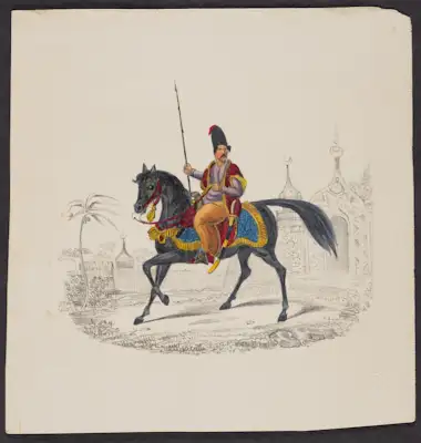9 drawings of warriors and their horses. in each, a colorful figure or scene is illustrated on a colorless background outline. from top left:
a man in greek blue costume stands with his foot on the chest of a fallen soldier whose broken sword lies nearby; his horse rears on its hind legs behind him. a man in greek costume fires a flintlock pistol while riding a horse at full gallop. two men astride horses fight with a spear and scimitar respectively. in an illustration almost identical to the above, a man fires a flintlock pistol while riding a horse at full gallop. a man wearing a tall black hat and carrying a spear sits astride a trotting horse. A man in a headscarf wearing pantaloons and a sheathed scimitar stands beside his horse holding the reins. a man wearing a bright red plumed cap and flowing red cape fights a lion with a spear; the lion has jumped onto the front of the horse, who is biting the lion, and wearing a red-spotted yellow cloth on its back. a man wearing a headscarf and ornate patterned clothes astride a horse holds a long pole with gold ornaments and red tassels hanging from a crossbar at the top. a man wearing a headscarf sits astride a rearing horse and draws back a spear as two outlined but uncolored soldiers flee in the background.
