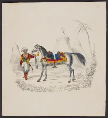 9 drawings of warriors and their horses. in each, a colorful figure or scene is illustrated on a colorless background outline. from top left:
a man in greek blue costume stands with his foot on the chest of a fallen soldier whose broken sword lies nearby; his horse rears on its hind legs behind him. a man in greek costume fires a flintlock pistol while riding a horse at full gallop. two men astride horses fight with a spear and scimitar respectively. in an illustration almost identical to the above, a man fires a flintlock pistol while riding a horse at full gallop. a man wearing a tall black hat and carrying a spear sits astride a trotting horse. A man in a headscarf wearing pantaloons and a sheathed scimitar stands beside his horse holding the reins. a man wearing a bright red plumed cap and flowing red cape fights a lion with a spear; the lion has jumped onto the front of the horse, who is biting the lion, and wearing a red-spotted yellow cloth on its back. a man wearing a headscarf and ornate patterned clothes astride a horse holds a long pole with gold ornaments and red tassels hanging from a crossbar at the top. a man wearing a headscarf sits astride a rearing horse and draws back a spear as two outlined but uncolored soldiers flee in the background.

