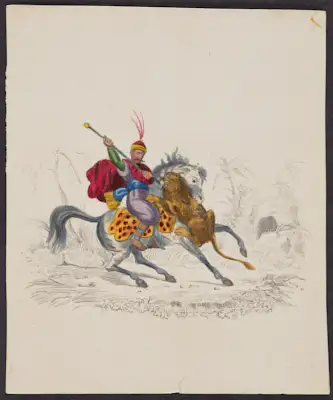 9 drawings of warriors and their horses. in each, a colorful figure or scene is illustrated on a colorless background outline. from top left:
a man in greek blue costume stands with his foot on the chest of a fallen soldier whose broken sword lies nearby; his horse rears on its hind legs behind him. a man in greek costume fires a flintlock pistol while riding a horse at full gallop. two men astride horses fight with a spear and scimitar respectively. in an illustration almost identical to the above, a man fires a flintlock pistol while riding a horse at full gallop. a man wearing a tall black hat and carrying a spear sits astride a trotting horse. A man in a headscarf wearing pantaloons and a sheathed scimitar stands beside his horse holding the reins. a man wearing a bright red plumed cap and flowing red cape fights a lion with a spear; the lion has jumped onto the front of the horse, who is biting the lion, and wearing a red-spotted yellow cloth on its back. a man wearing a headscarf and ornate patterned clothes astride a horse holds a long pole with gold ornaments and red tassels hanging from a crossbar at the top. a man wearing a headscarf sits astride a rearing horse and draws back a spear as two outlined but uncolored soldiers flee in the background.
