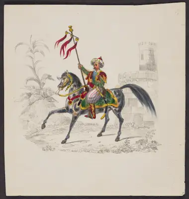 9 drawings of warriors and their horses. in each, a colorful figure or scene is illustrated on a colorless background outline. from top left:
a man in greek blue costume stands with his foot on the chest of a fallen soldier whose broken sword lies nearby; his horse rears on its hind legs behind him. a man in greek costume fires a flintlock pistol while riding a horse at full gallop. two men astride horses fight with a spear and scimitar respectively. in an illustration almost identical to the above, a man fires a flintlock pistol while riding a horse at full gallop. a man wearing a tall black hat and carrying a spear sits astride a trotting horse. A man in a headscarf wearing pantaloons and a sheathed scimitar stands beside his horse holding the reins. a man wearing a bright red plumed cap and flowing red cape fights a lion with a spear; the lion has jumped onto the front of the horse, who is biting the lion, and wearing a red-spotted yellow cloth on its back. a man wearing a headscarf and ornate patterned clothes astride a horse holds a long pole with gold ornaments and red tassels hanging from a crossbar at the top. a man wearing a headscarf sits astride a rearing horse and draws back a spear as two outlined but uncolored soldiers flee in the background.
