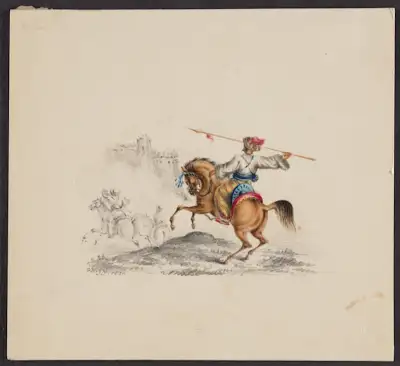 9 drawings of warriors and their horses. in each, a colorful figure or scene is illustrated on a colorless background outline. from top left:
a man in greek blue costume stands with his foot on the chest of a fallen soldier whose broken sword lies nearby; his horse rears on its hind legs behind him. a man in greek costume fires a flintlock pistol while riding a horse at full gallop. two men astride horses fight with a spear and scimitar respectively. in an illustration almost identical to the above, a man fires a flintlock pistol while riding a horse at full gallop. a man wearing a tall black hat and carrying a spear sits astride a trotting horse. A man in a headscarf wearing pantaloons and a sheathed scimitar stands beside his horse holding the reins. a man wearing a bright red plumed cap and flowing red cape fights a lion with a spear; the lion has jumped onto the front of the horse, who is biting the lion, and wearing a red-spotted yellow cloth on its back. a man wearing a headscarf and ornate patterned clothes astride a horse holds a long pole with gold ornaments and red tassels hanging from a crossbar at the top. a man wearing a headscarf sits astride a rearing horse and draws back a spear as two outlined but uncolored soldiers flee in the background.
