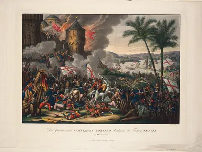 Greek infantry in close combat with Ottomans, more Greeks attacking fortress in left background, boats with troops on river in right, mountains in distance.