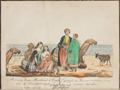 Costume albums like this one from Ottoman Smyrna reflect the sociopolitical concerns of their original owners. Many of the costume studies and scenes in this compilation portray individuals often encountered in the diverse social landscape of Smyrna, such as a slave merchant and his Christian captives. This topic had significance for American collectors like the Langdon family, who owned an identical print in another album now at Harvard Fine Arts Library. In 1827, Joseph Langdon rescued Garafilia Mohalebi, a Greek girl enslaved in a Muslim household at nine years old following her family’s murder by Ottoman soldiers. Joseph met Garafilia in the Smyrna bazaar and was so moved that he bought and emancipated her, eventually bringing her back to Boston with him. She died at thirteen while attending an Ursuline convent school. This girl’s tragedy inspired written and artistic works that fueled the American abolitionist movement before the Civil War.