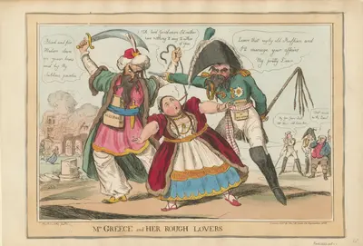 Short figure of woman representing Greece in center being disputed over by Turk and Russian in uniform, smaller figures in right background.