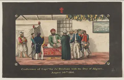 Three days before the conference illustrated here, Anglo-Dutch fleets bombarded Algiers to retaliate against the dey's violation of an antislavery treaty. Abraham Salamé, the Ottoman dragoman (interpreter) for the British, relates that the dey had also recently detained the British consul to Algiers, but his family escaped disguised in midshipmen’s clothes. The resulting attack continued a campaign by various European and American navies to suppress piracy in the Barbary states. This conference determined its outcome. The dragoman, in a plain Ottoman kaftan and turban, simultaneously relays Brisbane’s demands to the dey, seated cross-legged on a divan. His accoutrements of status include an opium pipe under his hand and a gold fly whisk (to his right). The dragoman and Brisbane each appear with a hand raised, indicating speech. The dey agreed to the expedition's demands, including large sums to compensate the British consul and the repatriation of 1,200 Christians abducted from Naples and Sicily.