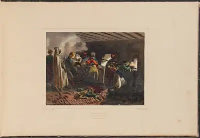 This battle scene captures the intense guerrilla warfare used to defend the city of Constantine against the French invaders. Dark, cramped urban dwellings transformed into covered batteries from which Arabs and Turks repelled the French troops. The costumes of these North African soldiers also attest to the sartorial elements that the French would later adapt for the uniforms of native soldiers, known as Zouaves, that they would recruit into their own forces: loose pantaloons (shalvar), short jackets or vests and distinctive turbans wrapped around red fezzes. Admired for their ease of mobility, such outfits suited their wearers in the difficult terrain of this battle but would prove to have new applications and contexts abroad.