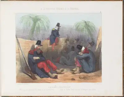 By 1840, the Sufi sheikh and military leader Abd el-Kader had succeeded his father in leading the Algerian resistance to the French in the west. He had united enough members from the tribes of western Algeria to muster an army of around 2,000 warriors under his banner as Amir al-Mu'minin (Commander of the Faithful). He skillfully evaded capture by French generals numerous times before his eventual surrender in 1847. Fittingly, the French title of the volume, À la guerre comme à la guerre, translates to “When at war, do as you must (or make do with what one has).” The phrase roughly correlates to the colloquialism “keep a stiff upper lip,” particularly in the face of Abd el-Kader’s fearsome reputation among French soldiers at this time. In this print, French soldiers weakly joke about their vastly outnumbered forces as Emir Abd el-Kader marches forward with his army of tribesmen in white robes.