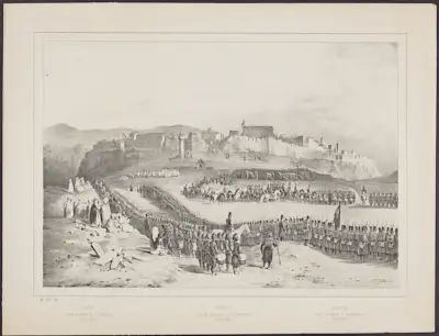 Ahmed Bey bin Mohamed Sherif resisted French and other attempts to subjugate his beylik of Constantine. In November 1836, the French failed in their first attempt to capture Constantine but succeeded the following October. In the left of the foreground, toppled Muslim gravestones litter the ground, immediately identifiable by the turbans crowning the slabs, indicating the ranks of the deceased. These funerary representations of sartorial details make a fitting reminder of the Ottoman social order that had fallen in the region. The Arab tribesmen in white robes look toward the rows of French soldiers and the Zouaves enlisted from local populations.  French officers designed the distinctive Zouave uniform for the North African troops they recruited shortly after the 1830 invasion. The success of the second Constantine expedition inspired an explosion of popular prints and photographs depicting Zouave uniforms, which solidified the place of the Armée d’Afrique in the French collective imagination.
