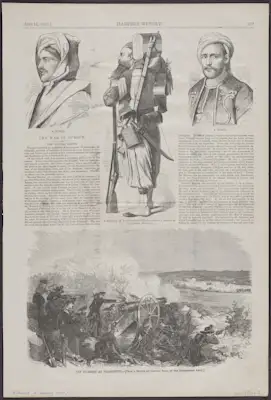 illustration on magazine page, standing uniform figure with pack and equipment, facing left; other illustrations including 2 of military types, 1 battle scene. 