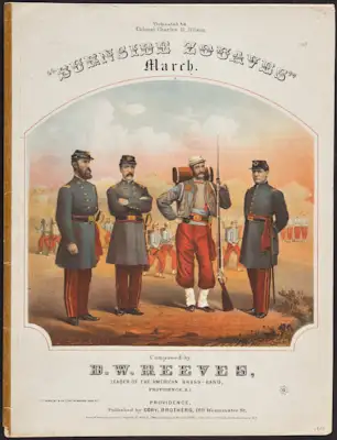 cover illustration of officers and soldiers outdoors wearing zouave uniforms.