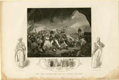 Steel-engraved plate (from book) by J. Rogers after Singleton; Indian leader and soldiers overwhelmed by British beneath arcade, figures of Indian soldier and British soldier at left and right, vignette of surrender of Tippoo's sons at bottom.