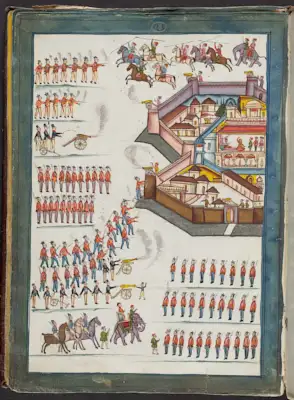 original gouache painting of soldiers attacking town, Mahratta horsemen charging