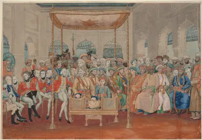 Original unsigned watercolor copied from an earlier painting, now lost. 'Nawab Sadat Ali Khan (r. 1798-1814) seated with his son in a box-like takht (throne) at a durbar, surrounded by the most important people, Indian and European, in Lucknow at the end of the 18th century. 
