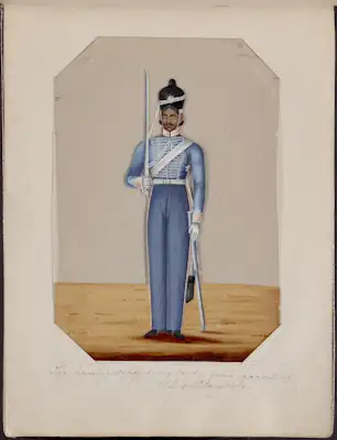 Mica painting of blue uniformed soldier on horseback