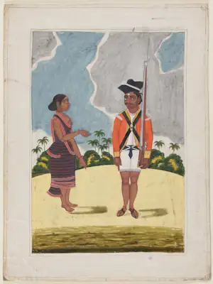 Standing figure of Sepoy soldier in uniform and of wife, landscape background.
