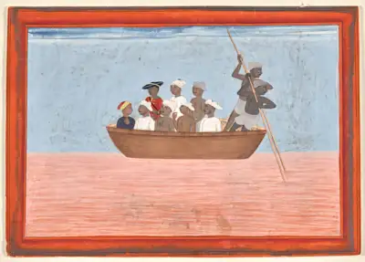 group of men including one sepoy soldier in flat boat propelled by two men with poles.