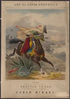 Before the surrender of Abd el-Kader (1808–83) in December 1847, he actively resisted French colonizers, sparking recognition and admiration across the globe. His reputation of resistance even inspired commemorative pieces of music, including this eponymous quadrille. By this period, this genre of music often accompanied groups of four couples dancing in a square formation at balls and clubs. However, quadrilles originated in the seventeenth century as military parades wherein four mounted horsemen demonstrated square formations. Fittingly, the cover to this quadrille’s sheet music offers a nod to that past by portraying Abd el-Kader, sword in hand, dashing on horseback to join a battle against the French. Minasi, the composer of this sheet music, was a London-born son of an Italian immigrant. He composed over forty albums of music for the concertina and published over forty tutors for students of the concertina and various other instruments, which range from martial themes to women’s daily lives.