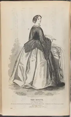 Zouave fashions for women could range from single garments like vests and jackets to day dresses, riding habits, and morning robes. Often ornamented with cross-laced gold cord, the outer jackets were worn open from the throat to display a white silk or muslin vest underneath (á la Zouave). Godey’s also preserves patterns for Zouave-inspired embroideries and mentions agencies who sent dress patterns to readers, showcasing the wide range of applications for this style. The woman pictured here sports a Zouave “négligé toilet” or indoor dress, complete with laced tassels on the oversize sleeves. The accompanying text suggests velvet for the base cloth and bright green silk cord or braid alongside the gold to relieve “the garish crudity of the metal.” Despite the military inspiration for the outfit, tailors and seamstresses endeavored to tone down the look with softer color contrasts and fabrics.