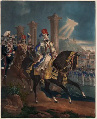 In this procession, seventeen-year-old King Otto (r. 1832–62), bedecked in Greek garb, leads the Bavarian army into Athens, the capital of his Kingdom of Greece. The mounted retinue rides past ancient columns with the Acropolis looming in the distance. The troops standing at attention in the background suggest an uncontested arrival of a victorious ruler. Despite dressing the part, Otto’s bare face betrays his youth, which caused as much controversy as his non-Greek origins. Since Otto was a minor when nominated to the Greek throne, in actuality a regency of three Bavarian ministers ruled. King Otto remained a devout Catholic throughout his life. To many, a non-Orthodox ruler on the Greek throne proved absurd. Thus, in December 1839, a group of Greek notables organized a secret society to plan an uprising against Ottoman rule in Thessaly, Macedonia, and Epirus, and the eventual replacement of King Otto by an Orthodox ruler.