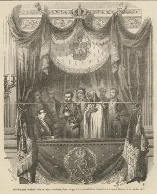 Illustration of the official release of Abd el-Kader before French officials in an opera box