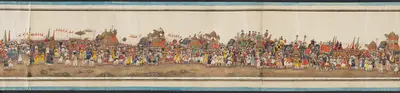 Original gouache panorama on long scroll, finely executed and heightened in gold depicting a procession including elephants and camels with howdahs, numerous attendants with banners, some leading animals including a leopard, litters and litter-bearers; British officers and officials riding an elephant; Arabic captions below figures.