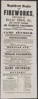 Decades after the fall of Tipu Sultan, his legacy in American memory lingered in an unexpected way: the production of fireworks. Tipu Sultan and his father, Hyder Ali, gained renown during their lifetimes for expanding the use of the iron-cased Mysorean rockets in their wars against the BEIC. His reputation as a pioneer of rocket artillery lived on past his rule. This broadside credits him with inventing signal rockets with “brilliant reflecting light,” which headlined a fireworks display orchestrated by Isaac Edge Jr. (1801–59) for the Uniformed Militia at Camp Seymour in East Hartford, Connecticut, on October 20, 1847. Replete with exoticizing allusions, the names of fireworks reference key elements of orientalist imaginaries through the foreign origins (both real and spurious) of each pyrotechnic, including the “Indian Palmetto” and “Persian Rose” fireworks, both composed of “Chinese gerbs, which produced fountains or jets of sparks.