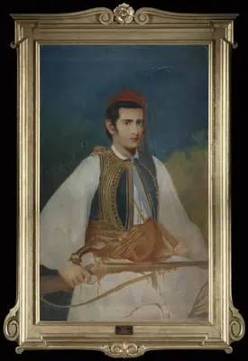 Brown alumnus Samuel Gridley Howe (1801–76) was an American physician, abolitionist, and advocate of education for the blind. He established the Perkins Institution, the first American school for the blind, and served as its inaugural director in 1829. In 1824, Howe traveled to Greece to serve as a surgeon and commander of troops in the fight against the Ottomans. Upon his return in 1827, he raised funds and supplies for Greek refugees, earning the nickname “the Lafayette of the Greek Revolution.” He also brought Greek children back to Boston with him for their education. Howe commemorated his service with this portrait, dressed in a striking Greek costume of a characteristic vest, fez and sash. Inside the sash he has tucked an ornamented Ottoman-style dagger with a curved hilt.  His hand is ready to pull the trigger of a rifle resting on his lap.